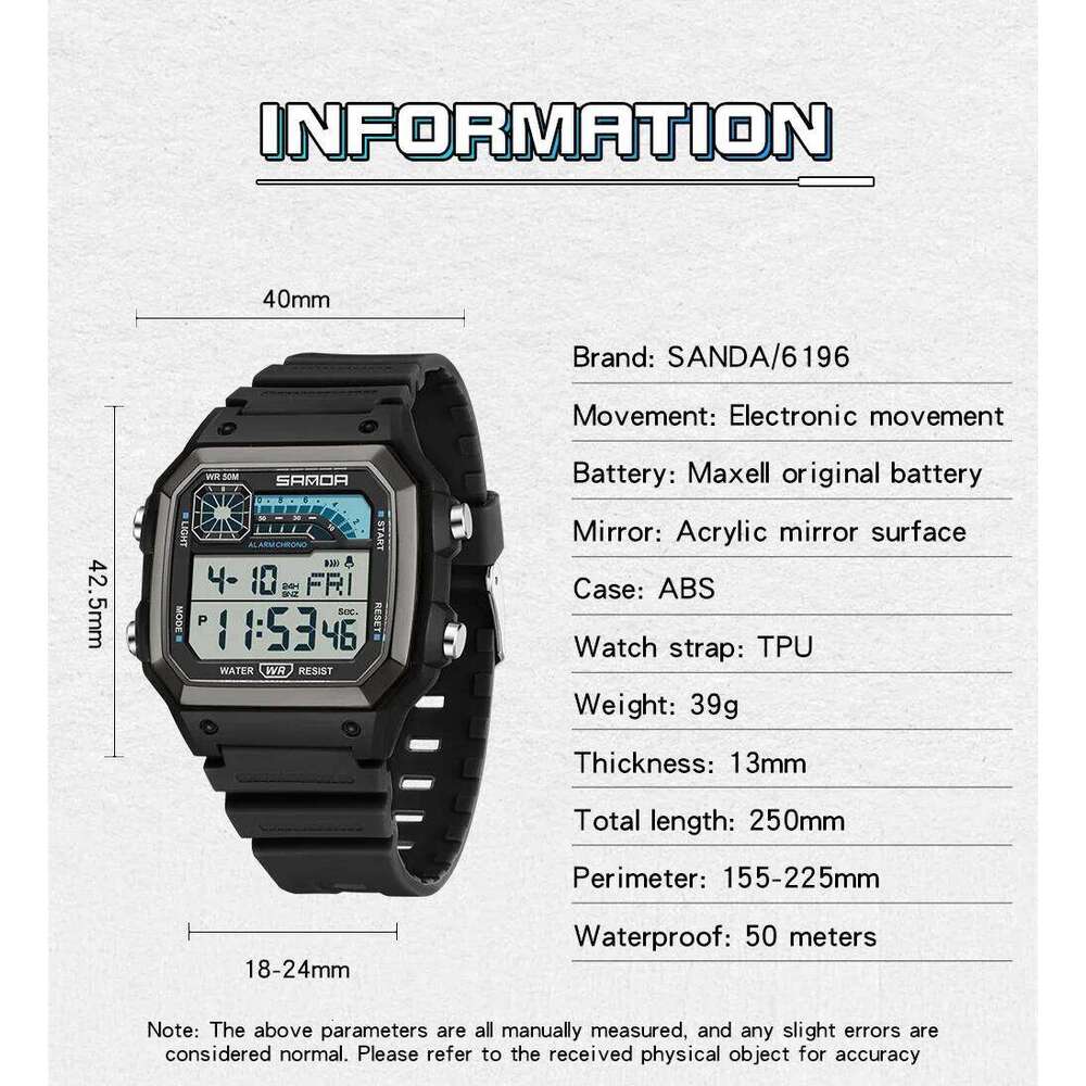 SANDA 6196 Men Electronic Watches Round Square Fashion Luminous Stainless Steel Strap Arabic Tidal Worship Male Wrist Watch