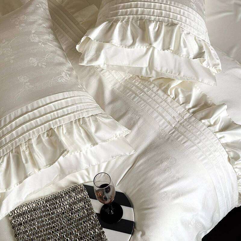 4Pcs Vintage Rose Jacquard Egyptian Cotton Ruffles Bedding Set Queen King Size Duvet Cover Bed Sheet/Fitted Sheet Pillowcases H260312