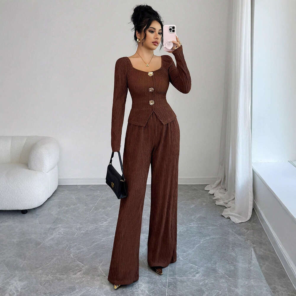 European And American New Style Knitted Textured Solid Color Square Collar Metal Rose Buckle Slim Fit Fashion Suit For Women