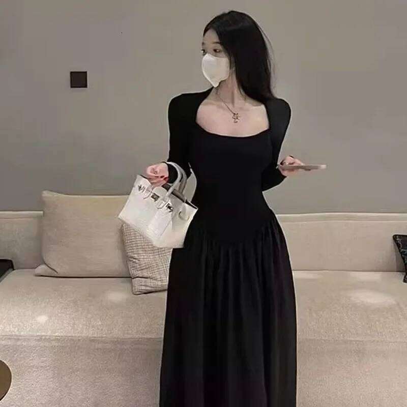 Korean Fashion High Waist Long Ladies Sexy Slim Low-Cut Square Collar Black Dresses Women Elegant Spliced A-Line Dress C260312
