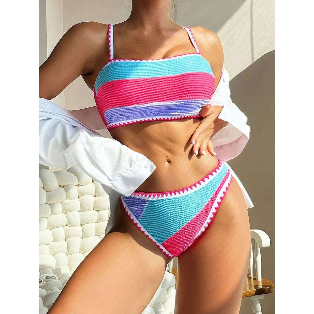 2025 Block Color Two Piece Bikini Women Swimwear Female Swimsuit Bathers Bathing Swimming Suit Beachwear Summer Y260303