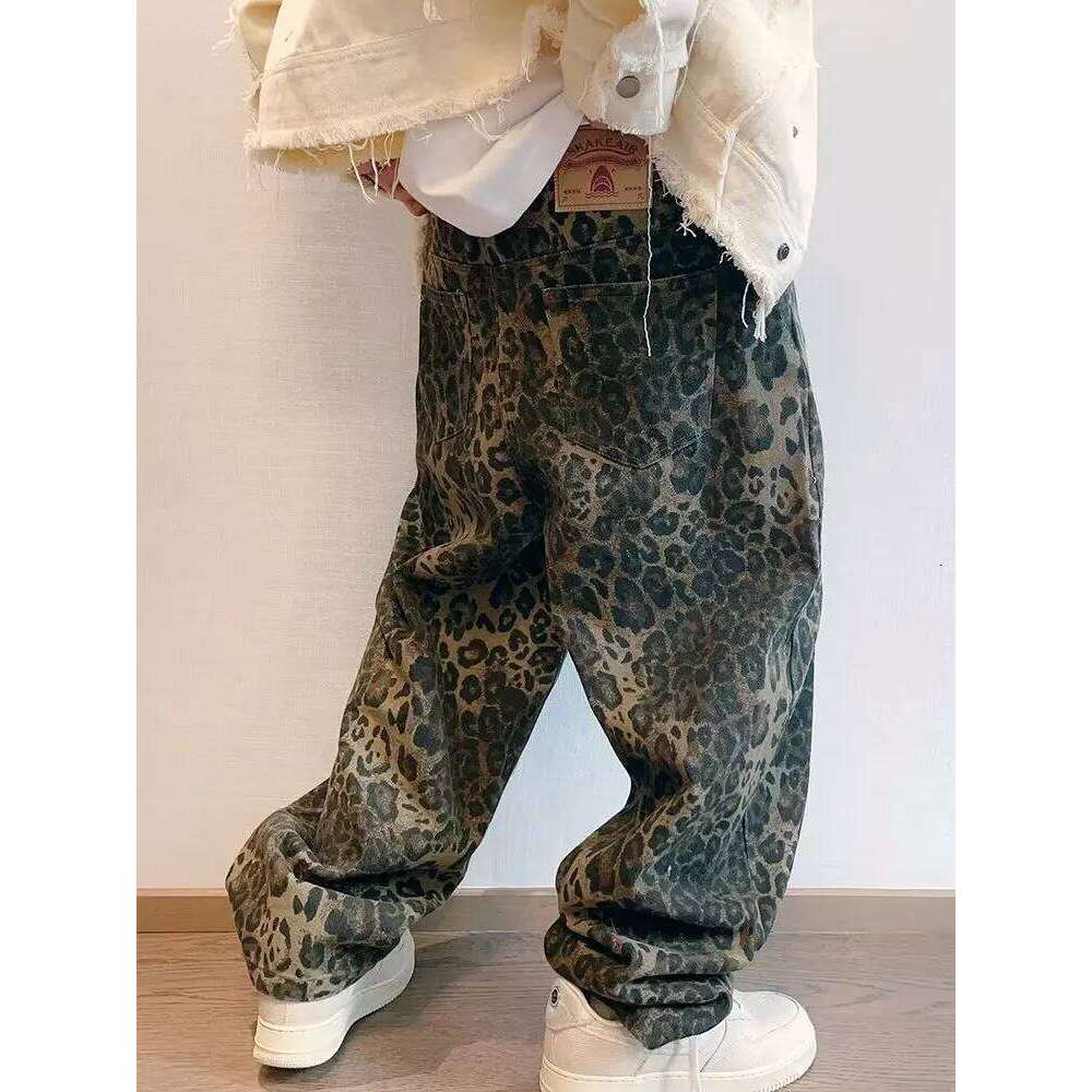 Autumn Tan Leopard Jeans Men Denim Pants Male Oversize Wide Leg Trousers Streetwear Hip Hop Vintage Loose Casual Animal Print 26Y0312