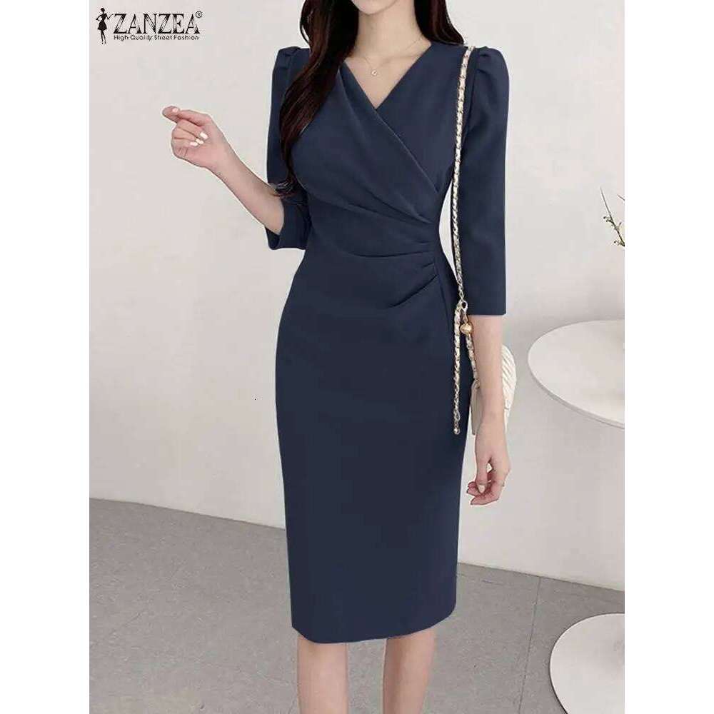 ZANZEA Summer Fashion Womens Dress Sexy Solid Color Knee Length Bodycon Sundress Elegant 3/4 Sleeve V-Neck Work OL Vestidos 2025 C260312