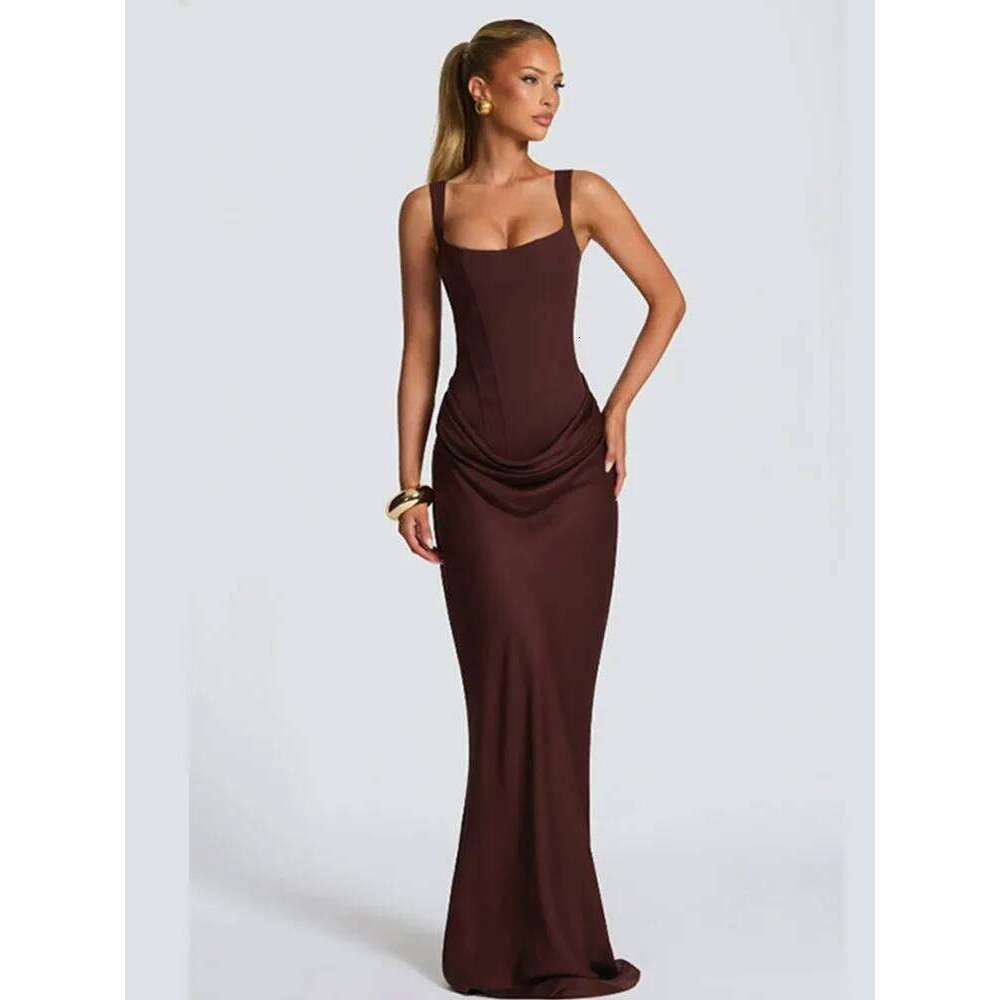 Solid Pleated Sling Dress Women Square Neck Sleeveless Off-shoulder Waist Cinching Slim Dresses Lady Evening Party Gowns 2025 C260312
