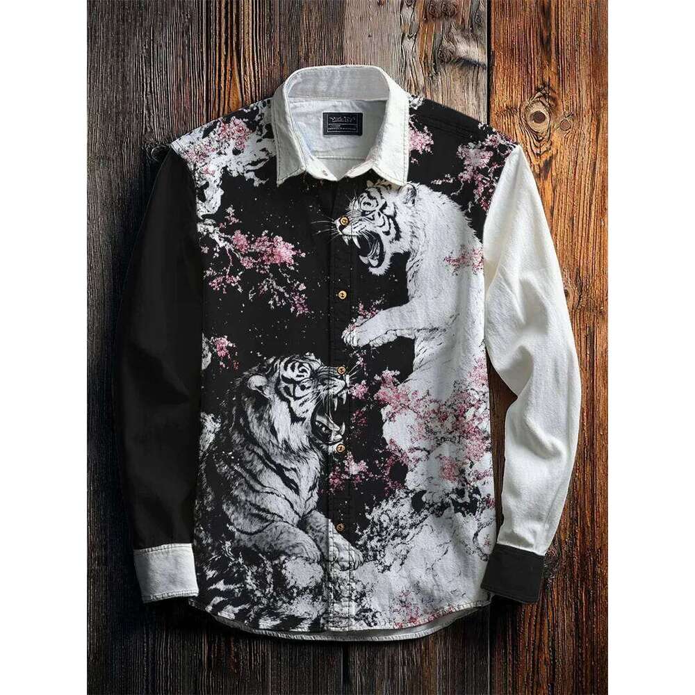 New men's linen casual shirt 3D animal print long sleeved fashionable and comfortable top
