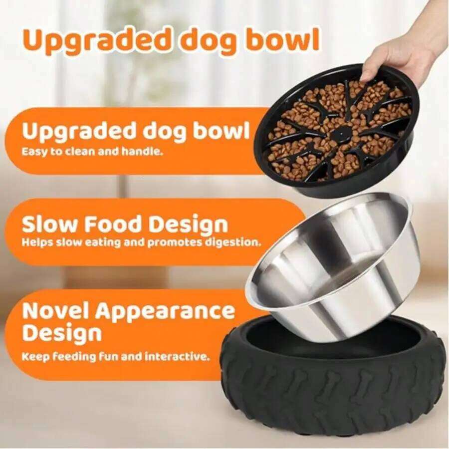 3-in-1 Stainless Steel Slow Feed Dog Bowl - Non-Slip Suction Cup Feeder 26Y0312