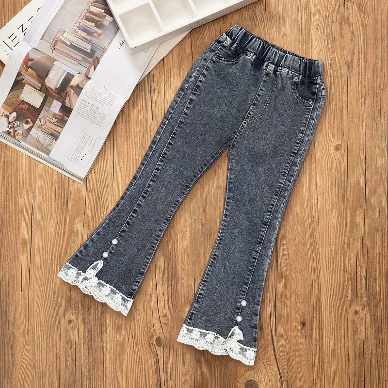 Girls Jeans Spring and Autumn Casual 312 Year Old Childrens Loose Flare Pants Lace Pearl Denim 260311