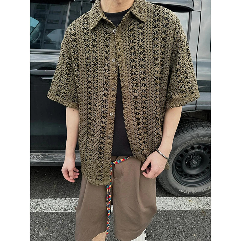 Fashion Army Green Knitted Hollow out Shirt Men Streetwear Transparent Lapel Short Sleeve Button Camisas Sexy Men Clothing 2XL-M 260311