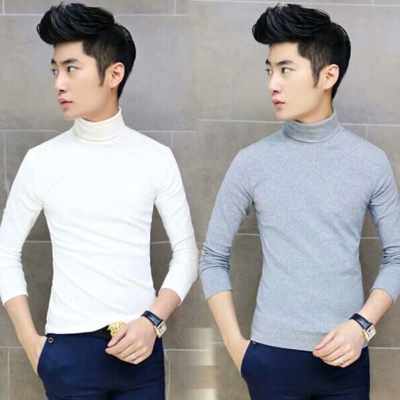 High-neck Men's Long-sleeve T-shirt With Fleece Lining Autumn Designer Hoodie And Winter New Style Casual And Warm Inner Layer For Teenagers Soli