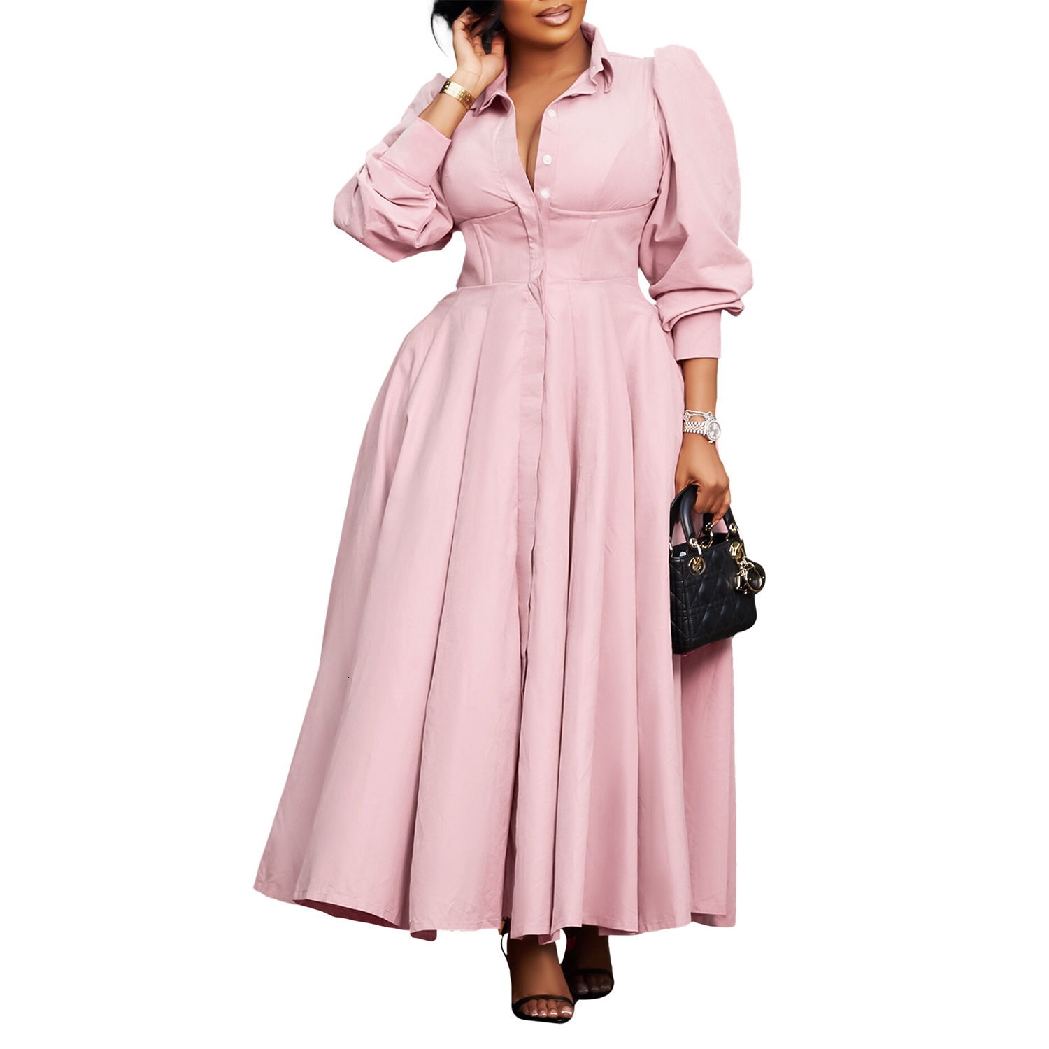 D570 Womens Elegant Long Sleeve Flared Shirt Dress Fashion Solid Color Mid-Length Dress