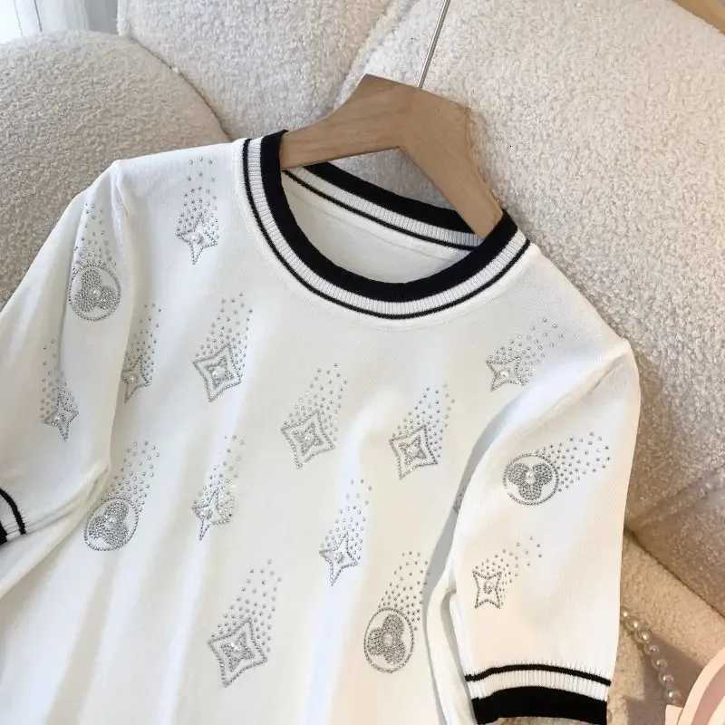Fashion Diamond Knitted Shirts Women Summer Knit T-Shirts Short Sleeve Knitwear White Black Tops O-neck Thin Pullover NewT260312