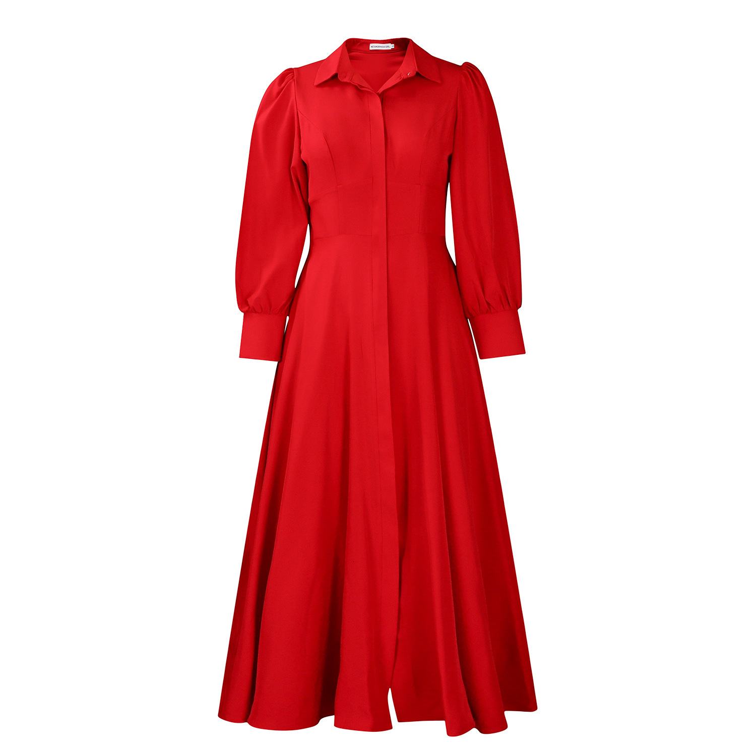 D570 Womens Elegant Long Sleeve Flared Shirt Dress Fashion Solid Color Mid-Length Dress