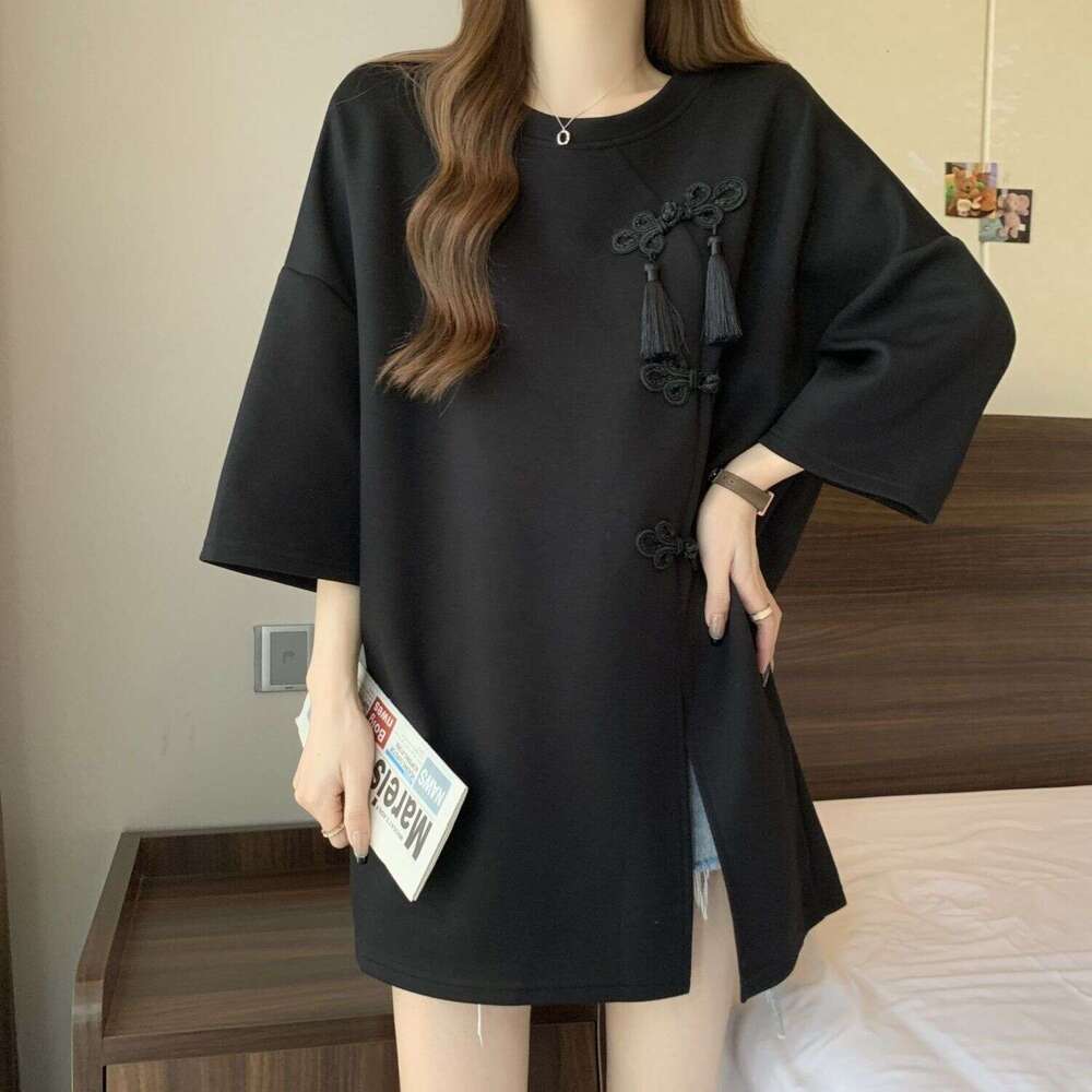 Heavy-Duty Chinese-Style Buttoned Slit Short-Sleeve T-Shirt For Women, 2025 Summer New Style, Loose Fit, Slimming, Extra Large Size 150Kg Top Asia Siz