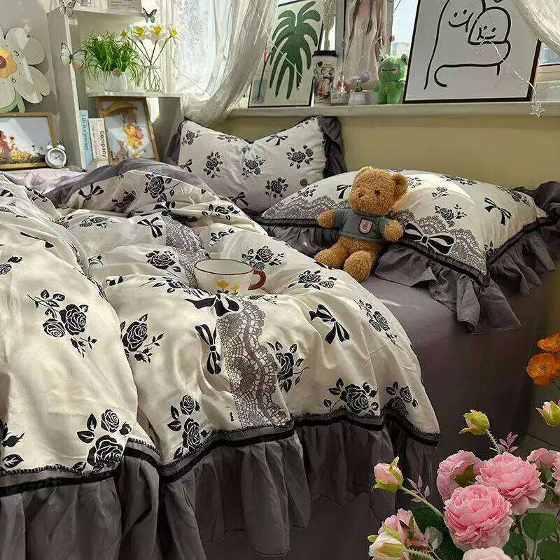 French Vintage Floral Bedding Four-Piece Elegant Flat Bed Sheet Set With 2 Pillowcases Twin Queen Size For Women Girls H260312