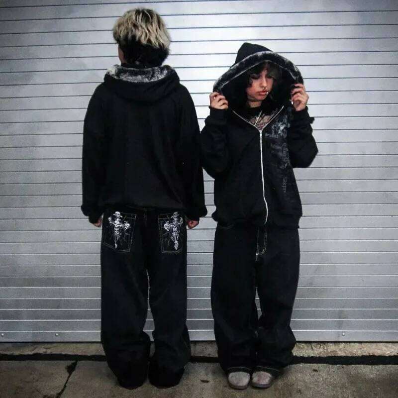 American Gothic Rock Skeleton Bone Letter Pattern Oversized Jeans Men's Y2K Street Hip Hop Harajuku Loose Wide Leg Work Pants 26Y0312