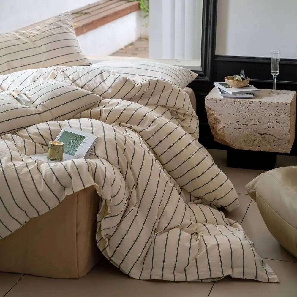 Queen Size Beige Cotton Striped Duvet Grey Stripes, 3-Piece Comforter Cover Set with Zippered Closure H260312