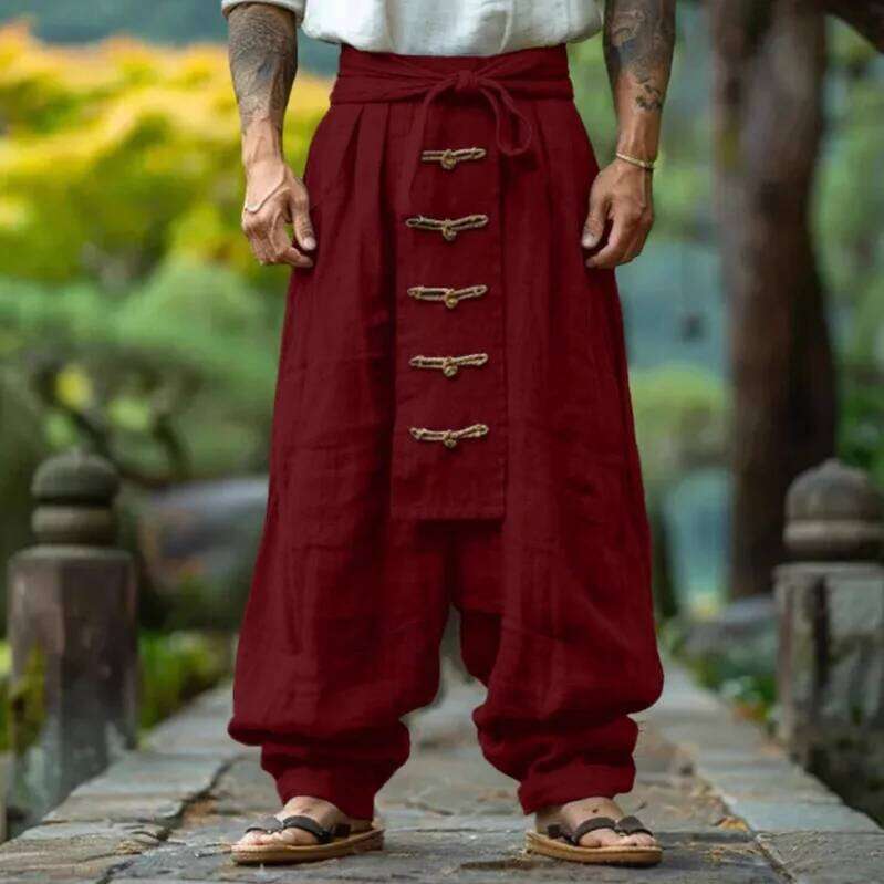 Ethnic Style Casual Cotton Linen Wide Leg Spring Summer New Men's Solid Color Lace-up Baggy Pants Vintage Streetwear Male