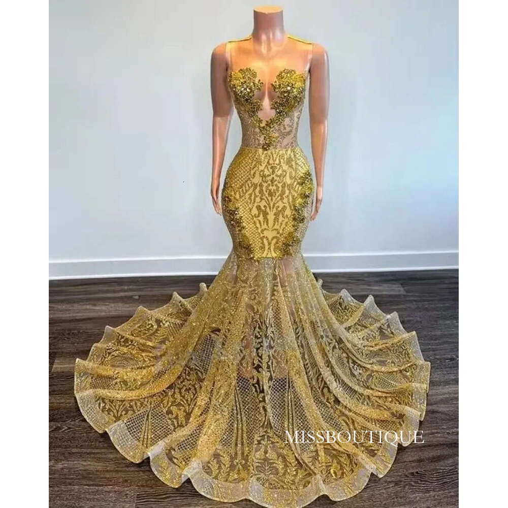 Sparkling Gold Sequined Appliqued Prom Dress Sheer Jewel Neck Sleeveless Black Girl Formal Evening Party Birthday Gowns Robe De Bal Customized D03 B03