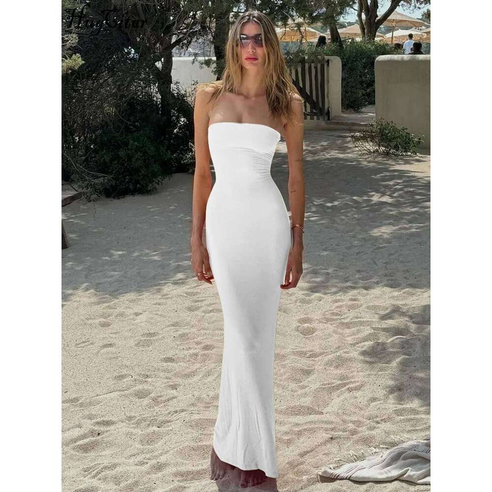 Hugcitar Elegant Solid Strapless Backless Bandage Sexy Bodycon Maxi Dress Summer Women Y2K Clothes Beach Vacation Party C260312