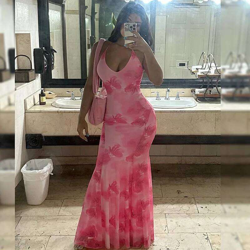 Printed hanging neck v -neck skirt sexy backpack hip dress fashion, simple and elegant women's clothing C260312