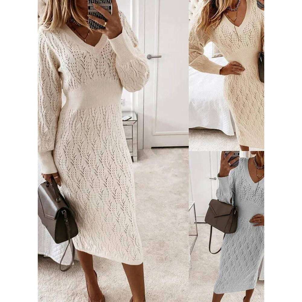 Autumn Women's New Warm Sleeved Knitted Shirt Sexy Slim Fit Hollow Out Hip Hugging Casual Comfortable Long Skirt C260312