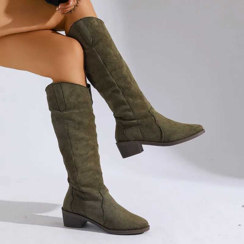 Womens Knight Boots 2025 New Style Trend Green Slip-on Suede High Heels Thick Sole Luxury Womens High Boots Elegant High Heels S260312