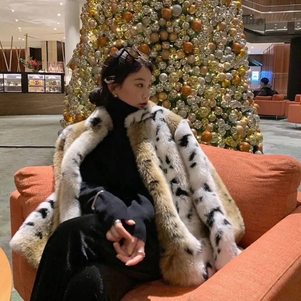 Luxury Faux Mink Leopard Bomber Jacket Thick Gradient Imitation Fox Fur Dots Printed Coat Furry Cardigan Parka Tops Abrigos