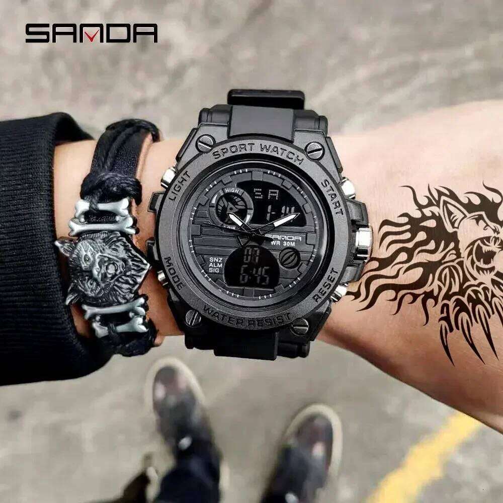 SANDA 739 Luxury Digital Quartz Watch for Men Military Army Waterproof Sports Wristwatches LED Dual Display Mens Reloj Hombre