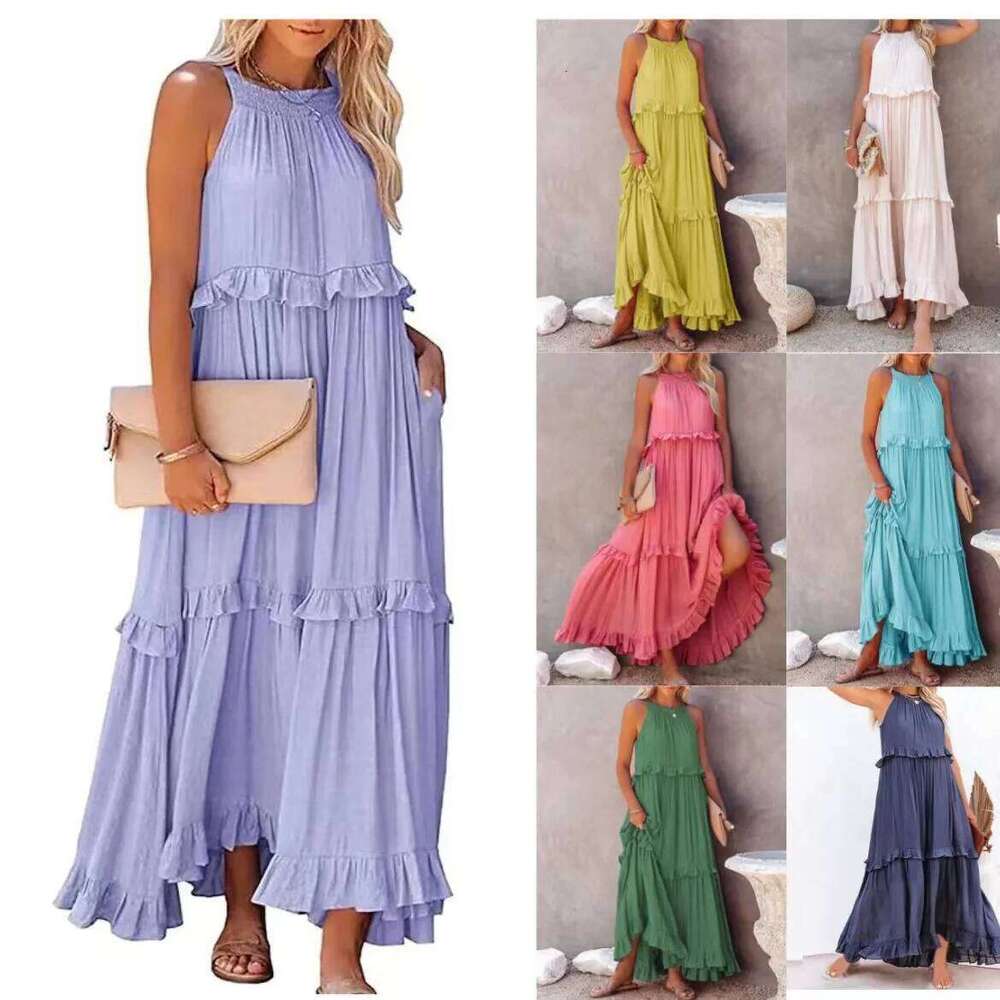 Summer Vacation Style Halter Neck Long Dresses Women Fashion Backless Leace-up Loose Ruffles Beach Dress Elegant Ladies Vestidos C260312