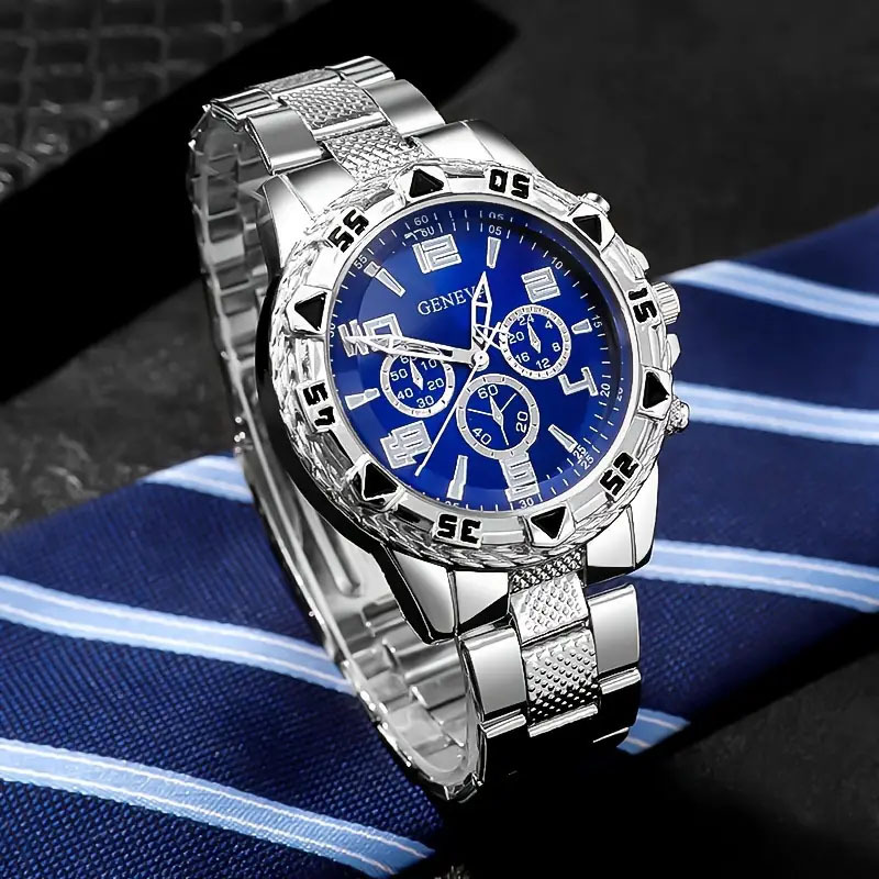 Trendy men's watch, steel strap quartz watch, fashionable blue light glass men's three-hand watch