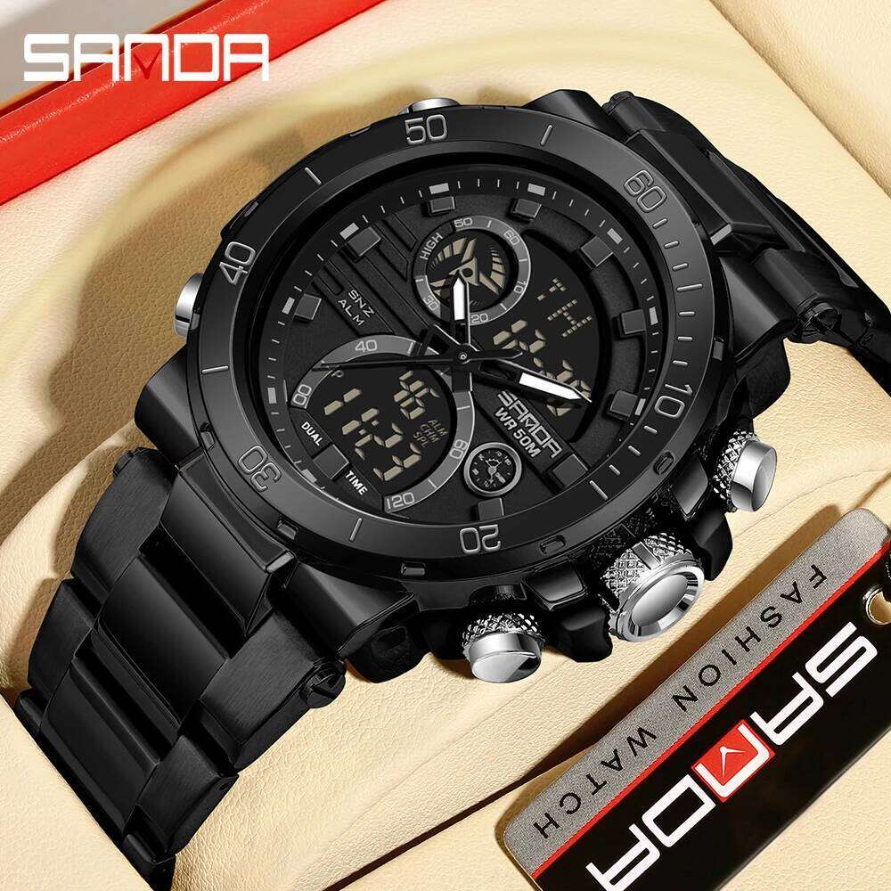 SANDA New 6175 Fashionable Sports Waterproof Dual Screen Multifunctional Men's Electronic Watch 2025
