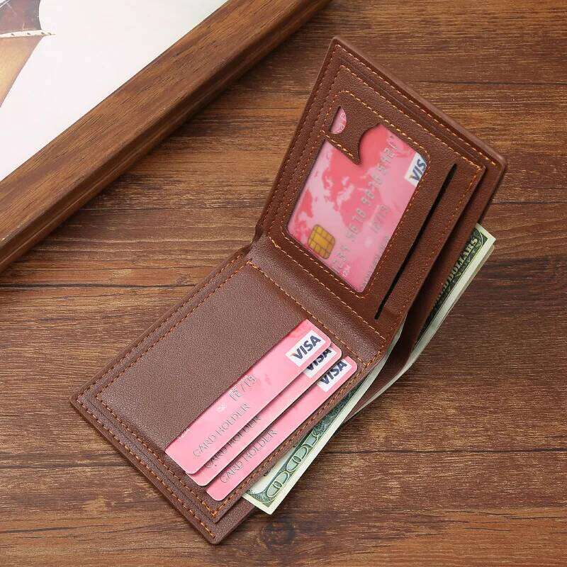 Lychee Texture Leather Clip Short Men'S Coin Wallet Business-Style Cash Money Purse Multi Patchwork Card Slot Holder