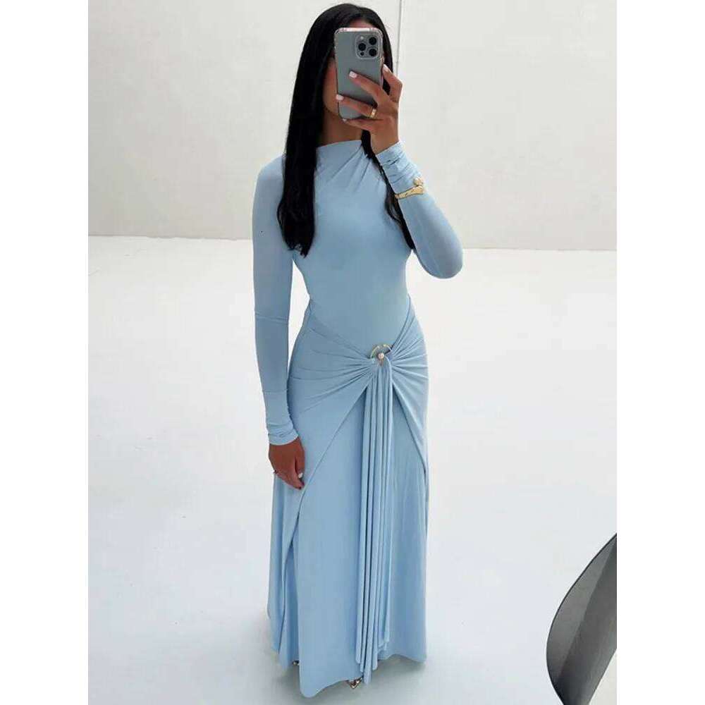 Mozision Elegant Sleeve Ruched Sexy Maxi Dress Women Gown Autumn Fashion Draped Bodycon Long Dresses Female Clothing C260312