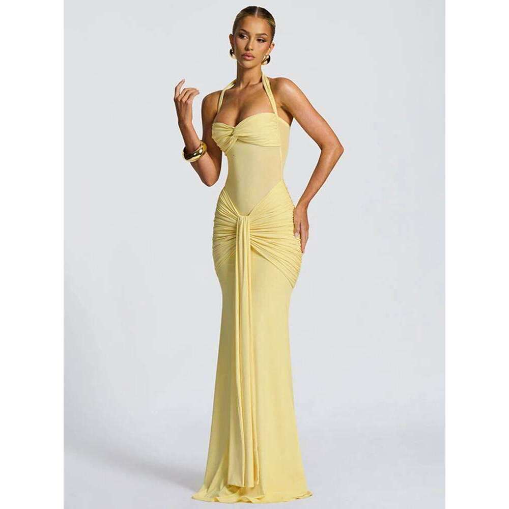 kliou Patchwork Elegant Women Maxi Dress Classic Sexy Sheer Ribbons Halter Backless Bodycon Female Trend Festival Evening Wear C260312