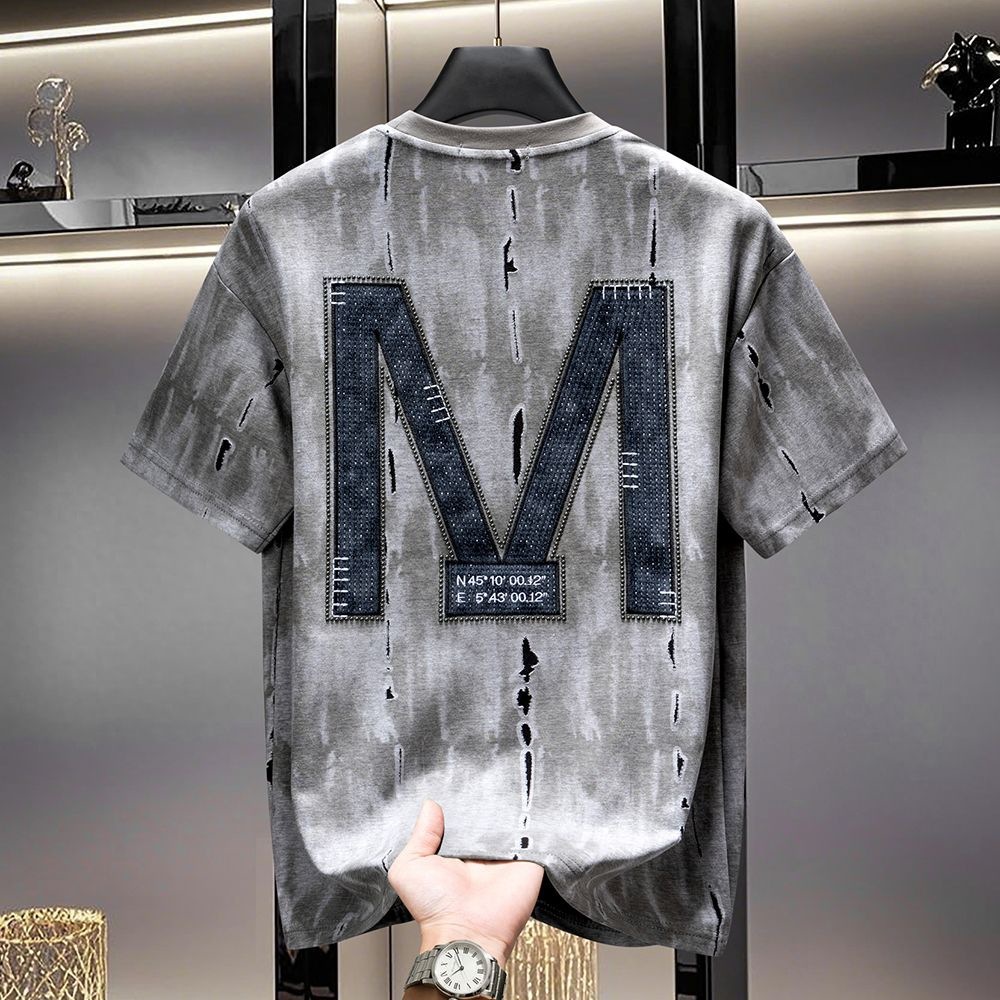 Luma hop European Summer New Embroidered Rhinestone Short Sleeve T-Shirt for Men 2025 American High-End Trendy Loose Fit Half-Sleeve Top