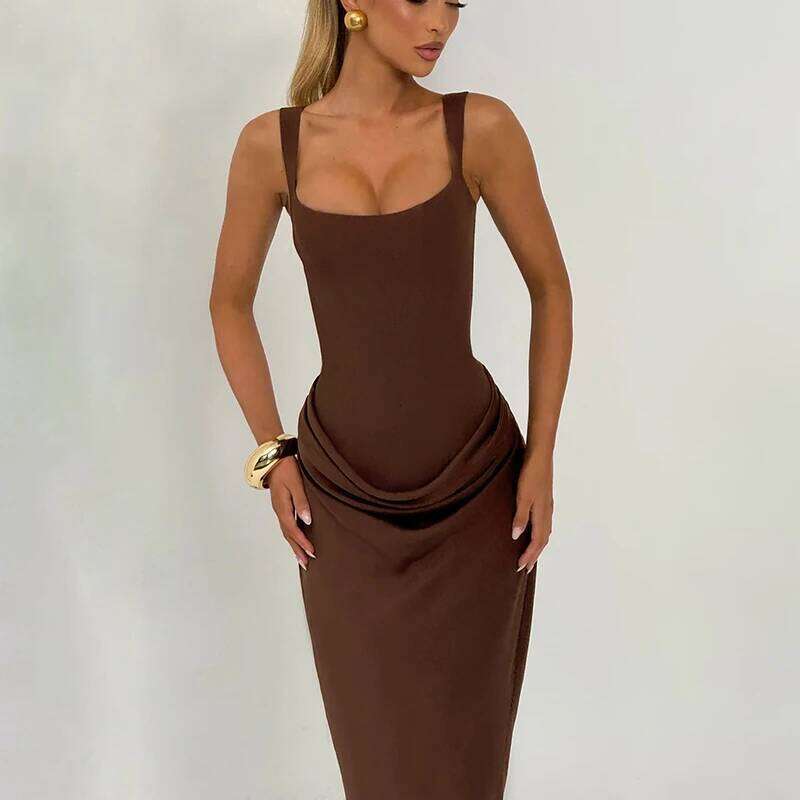 CUTENOVA Women'S New Solid Color Minimalist Square Neck Strapless Pleated Fitted Long Dress Holiday Elegant Streetwear C260312