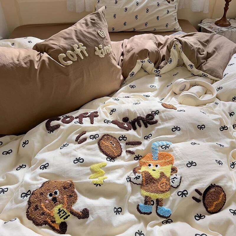 Cartoon Animal Embroidery Bedding Set For Adults Kids Cute Flat Fitted Sheet With Pillowcases Washed Cotton Colorful Full Size H260312