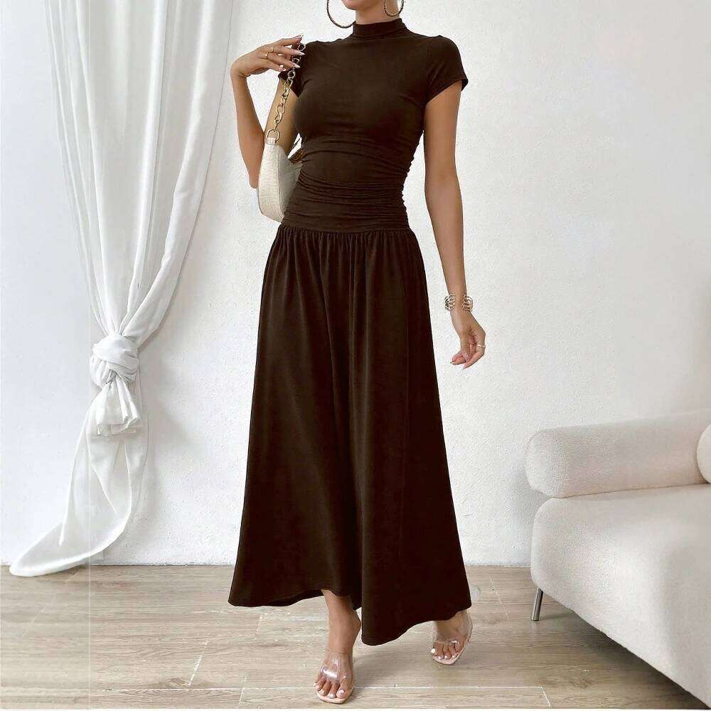 Women's Dresses Autumn 2025 French Minimalist Plain Short Sleeve Mock Neck Draped Slim Fit and Flare Midi Office Dress C260312
