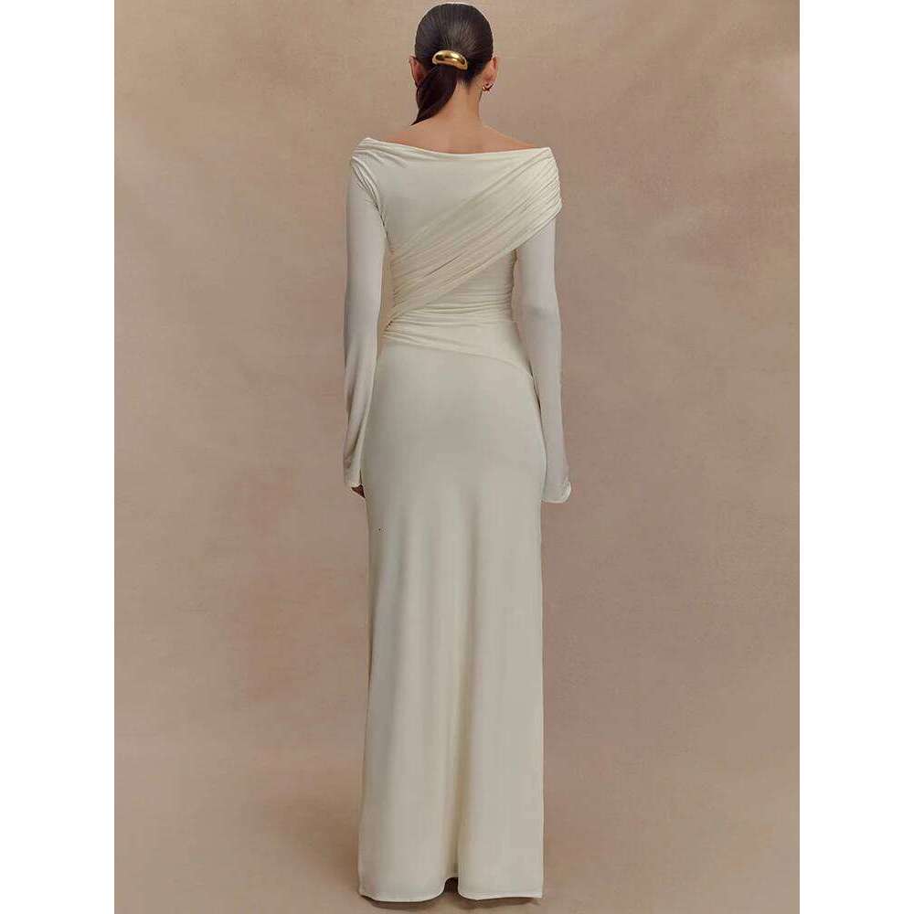 Mozision Autumn V Neck Sleeve Sexy Maxi Dress For Women Gown Fashion Solid High Waist Ruched Bodycon Club Long Dresses C260311