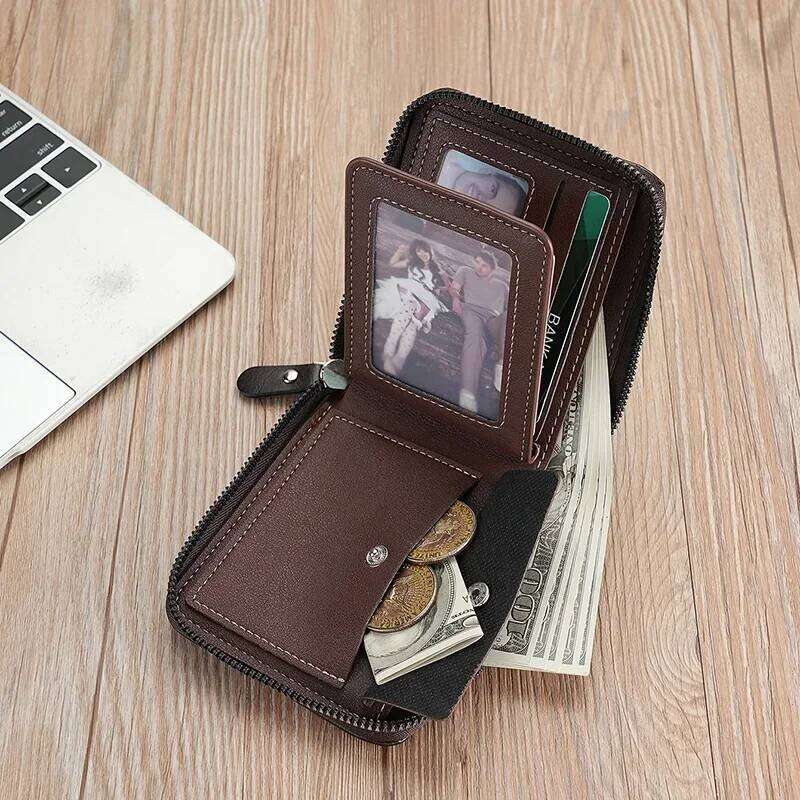 Leather Mens Wallet Luxury Mens Purse Male Zipper Card Holders with Coin Pocket Rfid Wallets Gifts for Men Money Bag