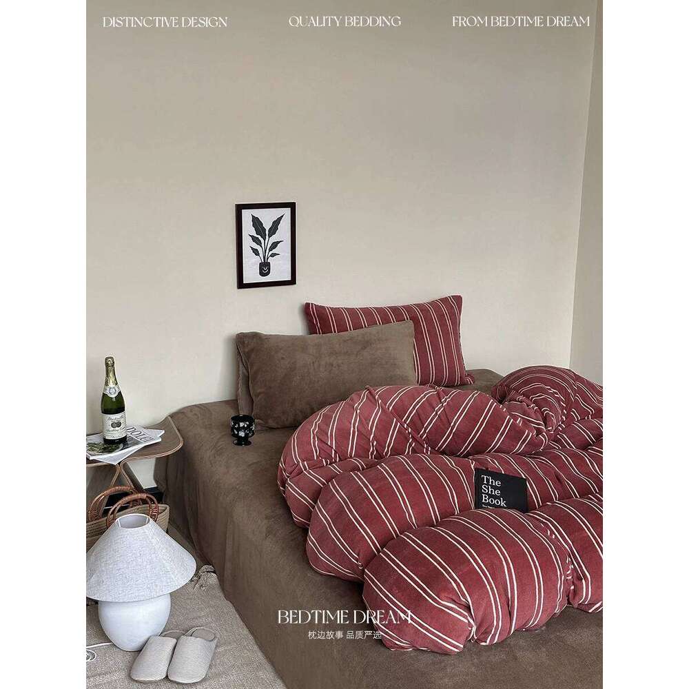 Four-piece set of household retro style red stripes thickened warm quilt cover bed sheet bedding double-sided simple and modern H260312