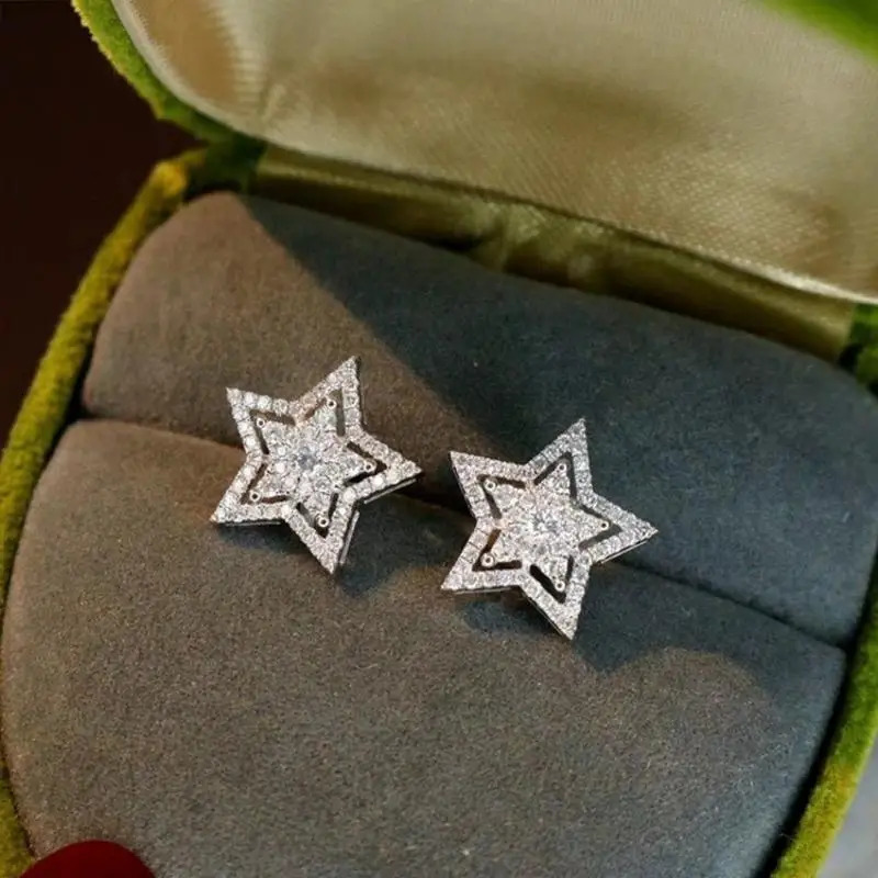 Trend Silver Color Star Crystal Stud Earrings for Women Exquisite Geometry Ear Jewelry Accessory Wholesale Girl Gift 260309