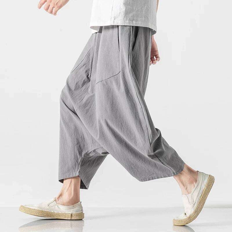 2023 Summer Plus Size Casual Harem Vintage Loose Cotton Linen Wide Leg Pants Men Elastic Waist Pantalones Trousers