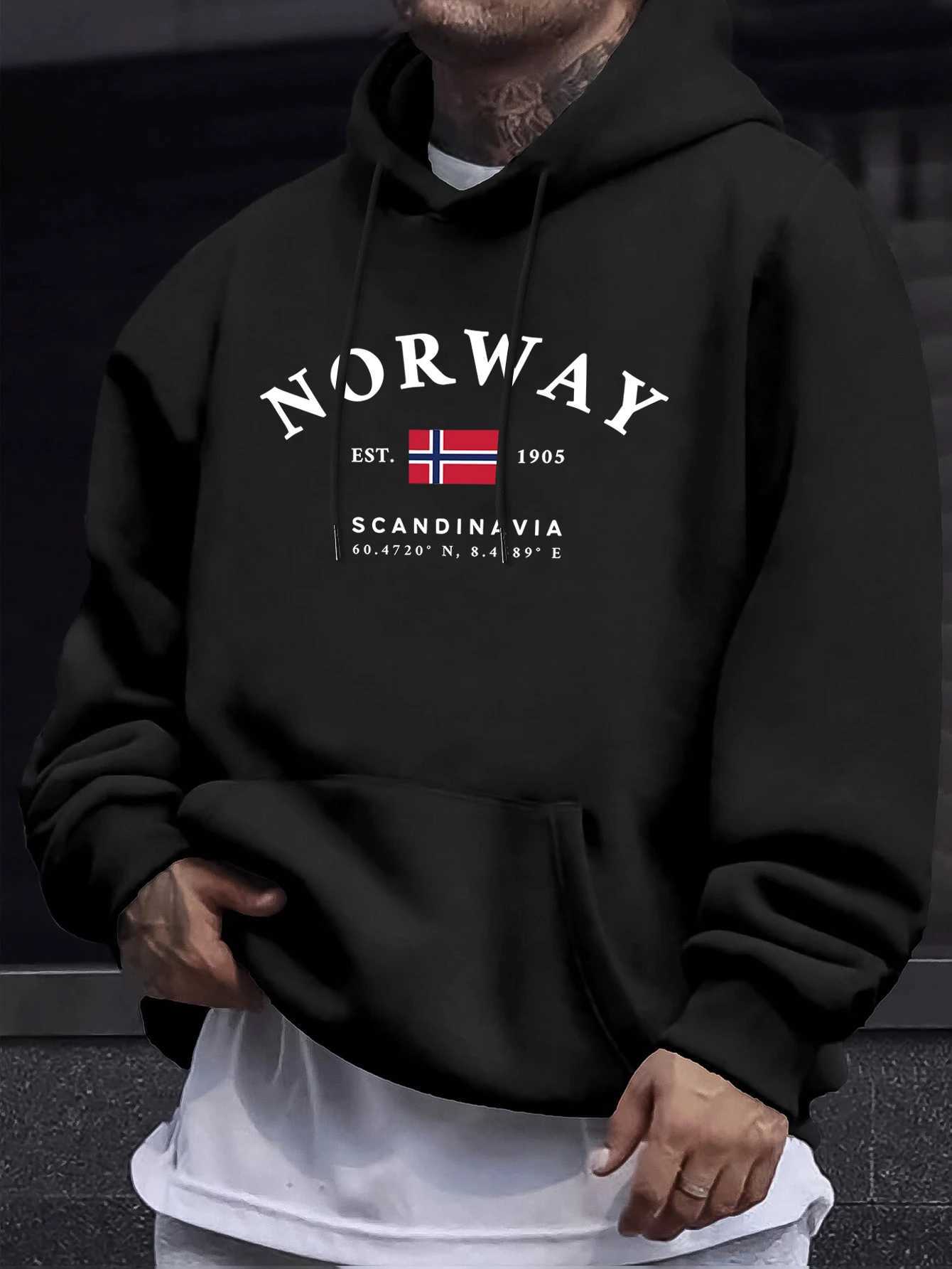 Norway Sandinavia Letter And Flag Print Men Comfy Hoodie Fleece AutumnClothes Casual Basics Tops Street Fashion Sweatshirt M260312