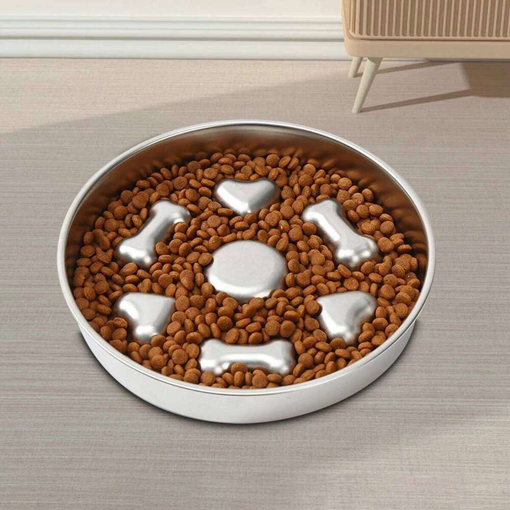 304 Stainless Steel Slow Feeder Bowl - Anti-Slip Silicone & Bone/Heart Design, 8.4-9.8in for Cats/Dogs 26Y0312