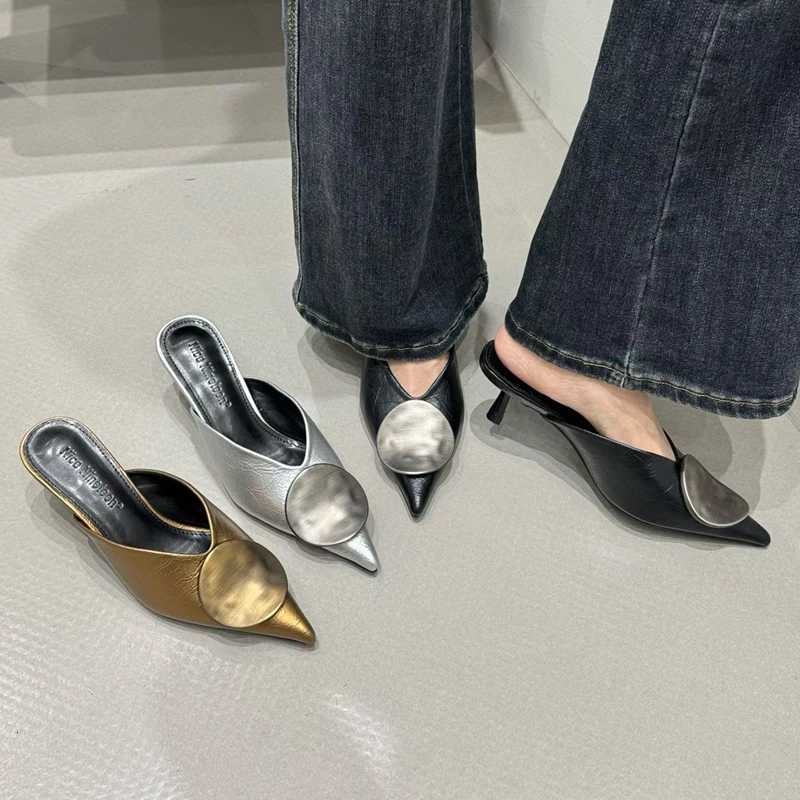 SUOJIALUN 2026 Spring New Women Slipper FAshion Pointed Toe Shallow Slip on Mules Shoes Metal Outdoor Dress Slides K260312
