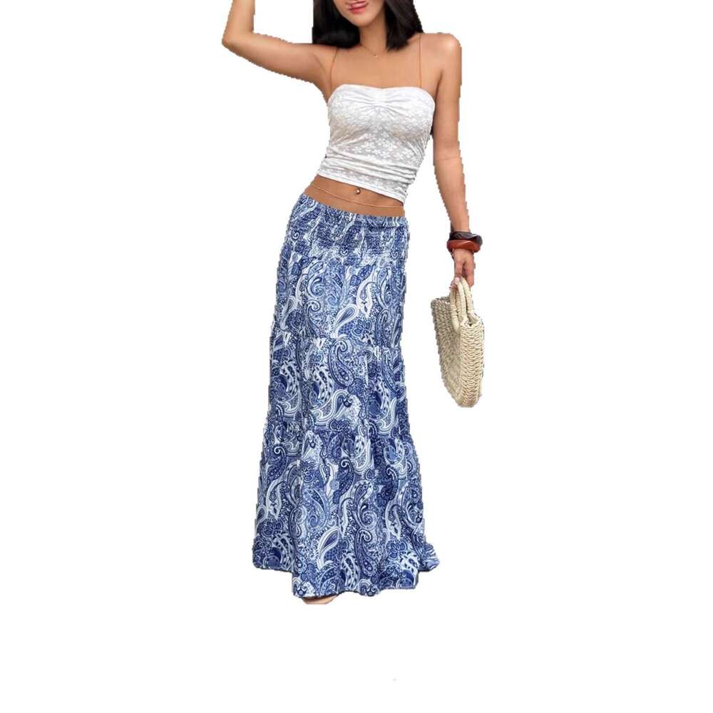 2025 European and American Cross-Border Foreign Trade Vacation Style Elastic Waist Long Skirt