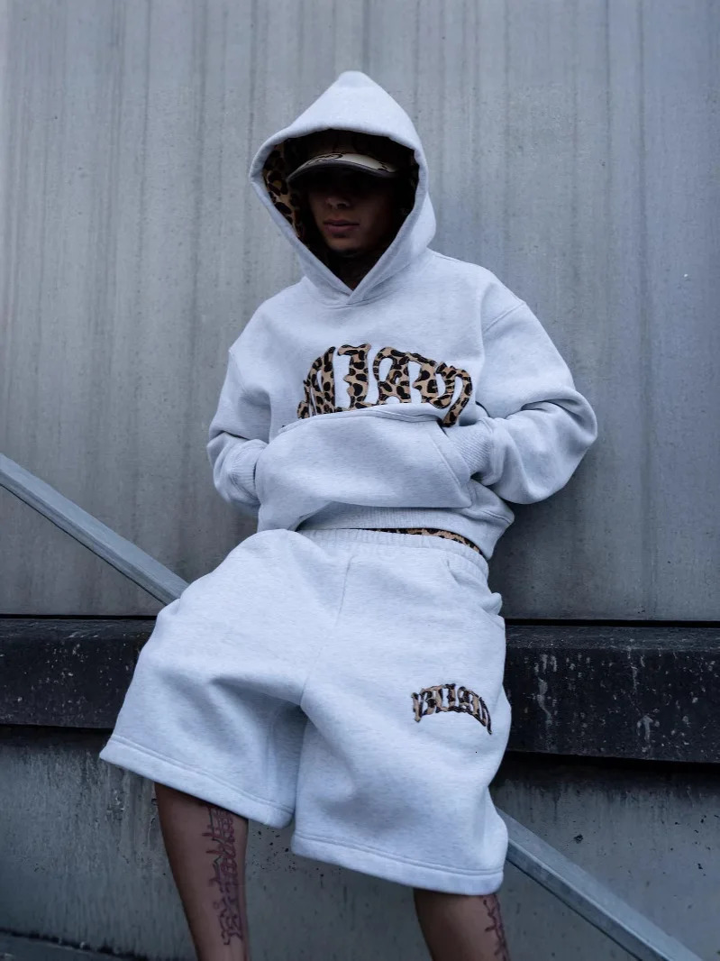 fashionable leopard print letter embroidery street casual pants mens and womens versatile hooded sweatshirt pants set Y2K 260311