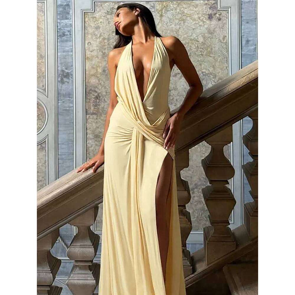 Mozision Halter Deep V Neck Backless Sexy Maxi Dress Women Gown Fashion Irregular Sleeveless Thigh High Split Club Party Dresses C260312