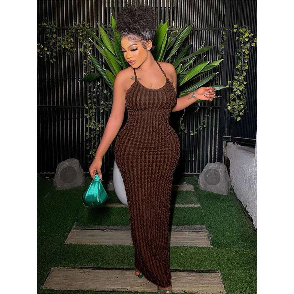 Kliou Solid Ruched Spaghetti Strap Bandage Maxi Dress Women Casual Sleeveless Backless Bodycon Ladies Party Streetwear Dresses C260312